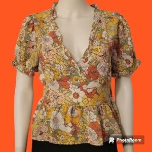 No FRILLS Yellow Floral Ruffle Peplum Puff Sleeve Castlecore Mod Blouse